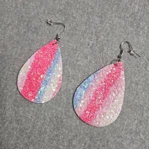 Boutique Hot Pink Blue Cream Ombre Disco Glitter Faux Leather Teardrop Earrings